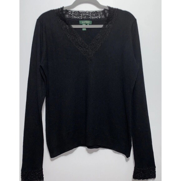 Lauren Ralph Lauren Black Silk And Cashmere Beaded Sleeve Neck Sweater X-LARGE - Picture 1 of 7